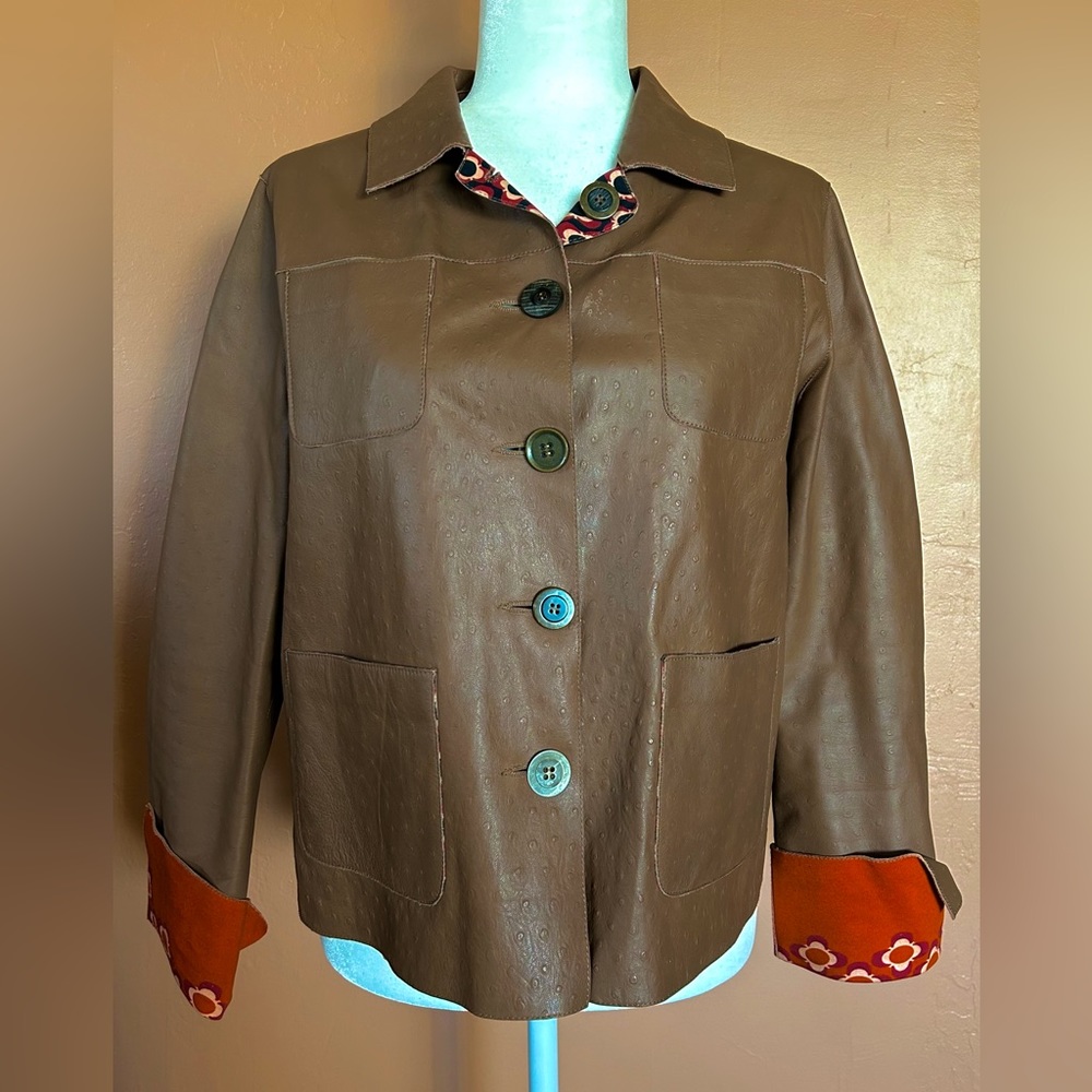 Maliparmi women’s brown leather/multicolor cotton reversible  jacket. Size M/L.